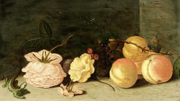 A Still Life With Peaches, Roses, Red And Black Berries by Jean-baptiste Fornenburgh