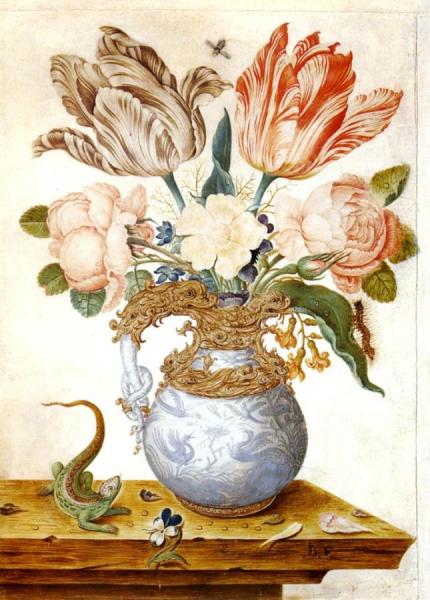 Flowers In An Ornamental Vase, A Lizard Beside It by Jean-baptiste Fornenburgh Oil Painting Reproductions