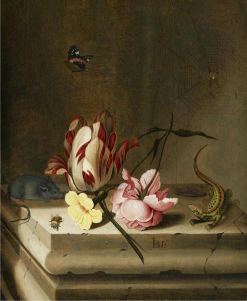 Still Life With A Parrot Tulip, A Pink Rose, A Mouse, A Lizard And A Bee by Jean-baptiste Fornenburgh Oil Painting Reproductions
