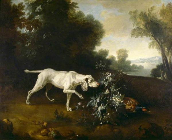 A Dog Pointing A Pheasant In A Landscape by Jean-baptiste Oudry