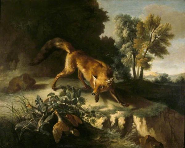 A Fox Stalking A Brace Of Partridges by Jean-baptiste Oudry