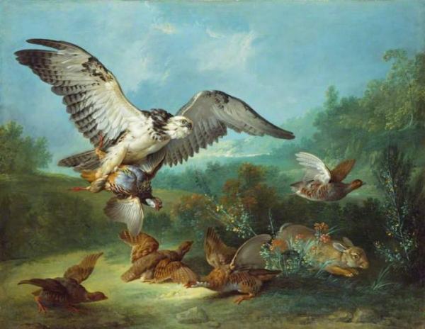 Hawk Attacking Partridges And A Rabbit by Jean-baptiste Oudry