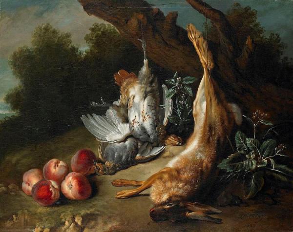Still Life With Dead Game And Peaches In A Landscape by Jean-baptiste Oudry