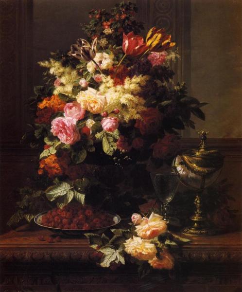 A Still Life Of Roses, Tulips And Other Flowers On A German Compote, A Plate Of Raspberries, A Glass And A German Silver-gilt Nautilus Cup On A Table by Jean Baptiste Robie Oil Painting Reproductions