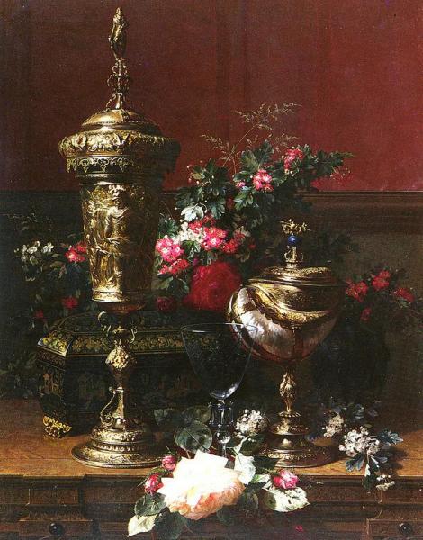 A Still Life With A German Cup, A Nautilus Cup, A Goblet And Cut Flowers by Jean Baptiste Robie Oil Painting Reproductions