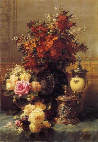 Still Life Of Roses And Other Flowers, A Silver-gilt Ostrich Egg Cup And A German Gold-gilt Tankard On A Draped Table In An Interior by Jean Baptiste Robie Oil Painting Reproductions