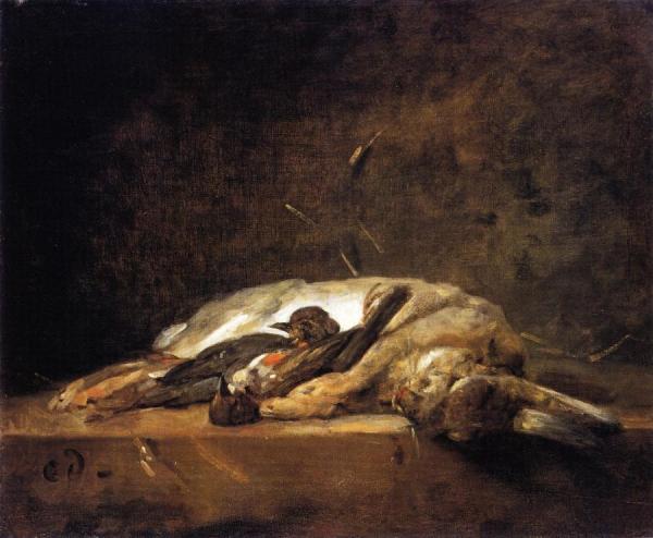 A Rabbit, Two Thrushes And Some Straw On A Stone Table by Jean-baptiste-simeon Chardin