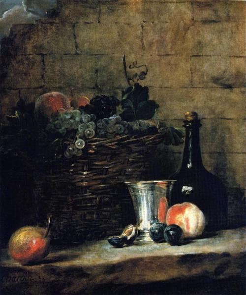 Jean-baptiste-simeon Chardin Basket Of White And Red Grapes, With Silver Goblet, Bottle, Peaches, Plums And A Pear