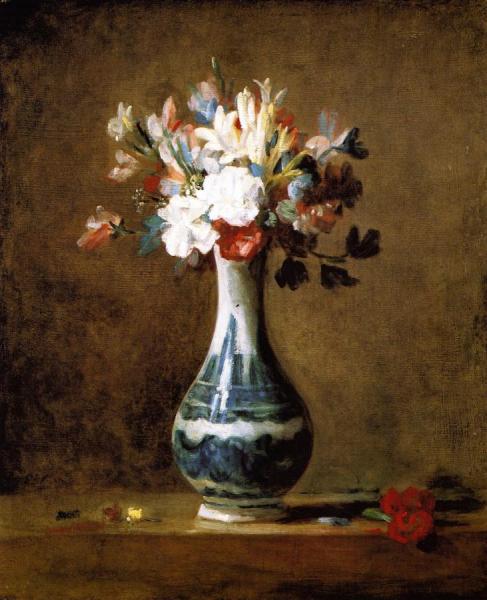 Bouquet Of Carnations, Tuberoses And Sweet Peas In A White Porcelain Vase With Blue Decoration by Jean-baptiste-simeon Chardin