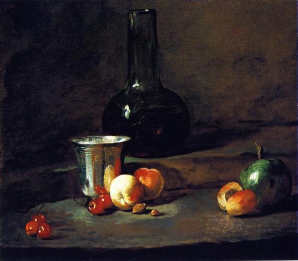 Carafe Of Wine, Silver Goblet, Five Cherries, Two Peaches, An Apricot And A Green Apple by Jean-baptiste-simeon Chardin Oil Painting Reproductions