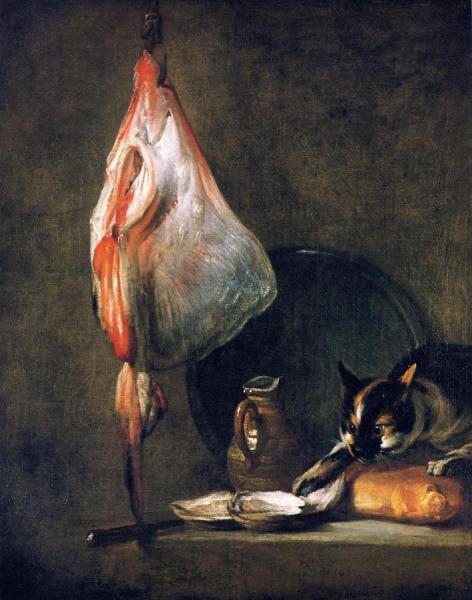 Cat With Ray, Oysters, Pitcher And Loaf Of Bread by Jean-baptiste-simeon Chardin Oil Painting Reproductions
