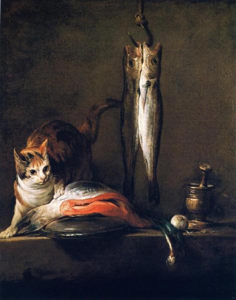 Cat With Salmon, Two Mackerel, Pestle And Mortar by Jean-baptiste-simeon Chardin