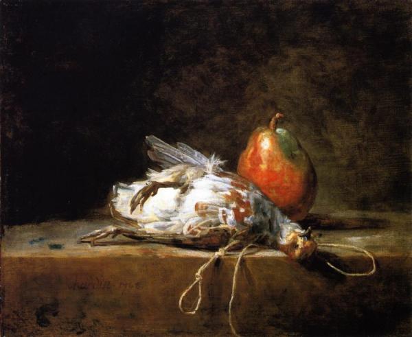 Grey Partridge, Pear And Snare On A Stone Table by Jean-baptiste-simeon Chardin