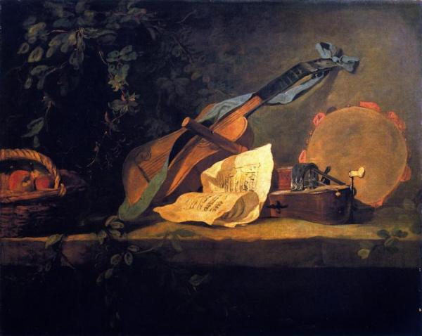 Musical Instruments And Basket Of Fruit by Jean-baptiste-simeon Chardin
