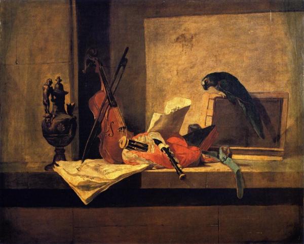 Musical Instruments And Parrot by Jean-baptiste-simeon Chardin