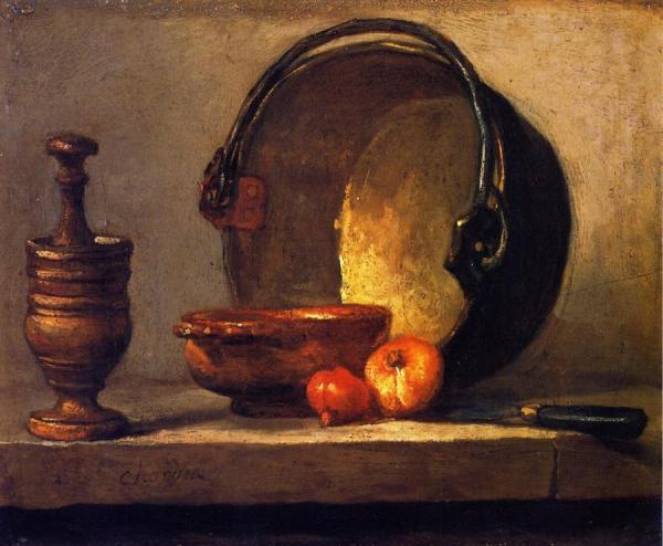 Pestle And Mortar, Bowl, Two Onions, Copper Pot And Kettle by Jean-baptiste-simeon Chardin