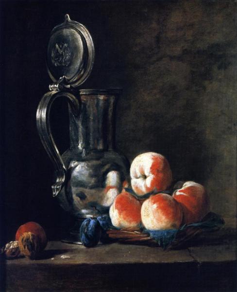 Pewter Jug With Basket Of Peaches, Plums And Walnuts by Jean-baptiste-simeon Chardin