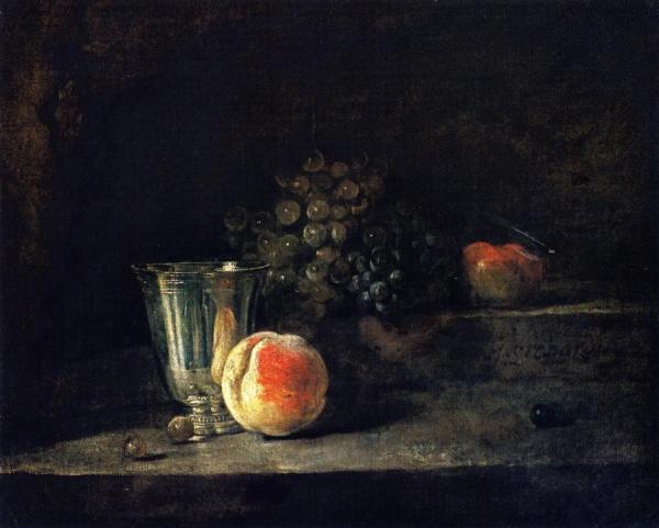 Silver Goblet, Peach, White And Red Grapes, And Apple by Jean-baptiste-simeon Chardin