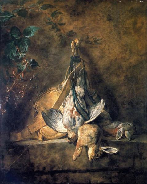 Two Rabbits, A Grey Partridge, Game Bag And Powder Flask by Jean-baptiste-simeon Chardin Oil Painting Reproductions