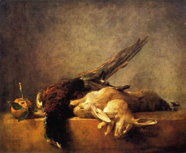 Two Rabbits, A Pheasant And A Seville Orange On A Stone Ledge by Jean-baptiste-simeon Chardin Oil Painting Reproductions