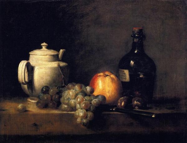 White Teapot With White And Red Grapes, Apple, Chestnuts, Knife And Bottle by Jean-baptiste-simeon Chardin