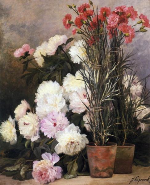 Peonies And Red Carnations by Jean Capeinick