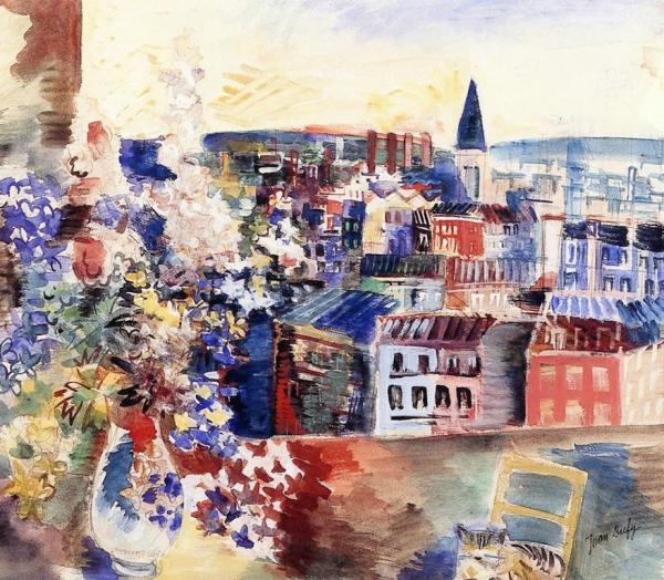 Flowery Terrace With A View Of The Village by Jean Dufy