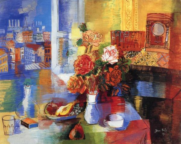 Plate Of Fruit And Bouquet Of Roses In The Studio by Jean Dufy