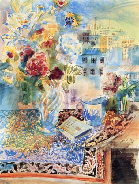 Table With Flowers And Book by Jean Dufy
