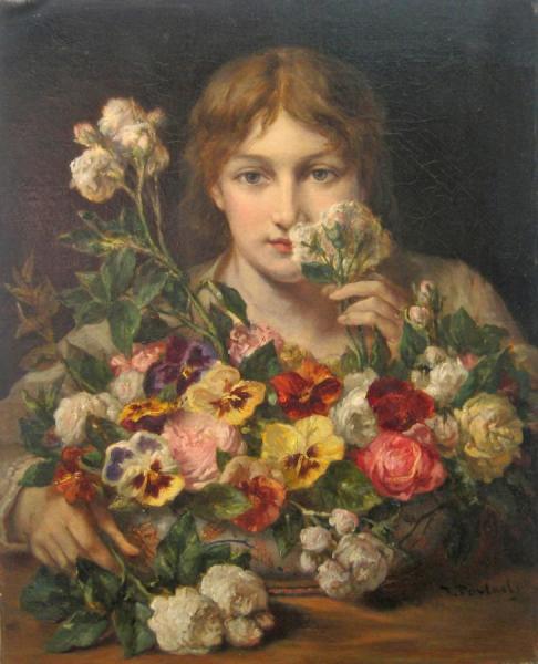 Young Woman With Flowers by Jean Francois Portaels
