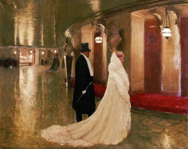 An Elegant Couple Entering A Box At The Paris Opera. by Jean Georges Beraud
