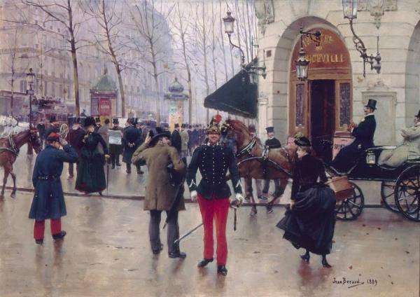Le Boulevard Des Capucines Devant Le Théâtre Du Vaudeville. by Jean Georges Beraud