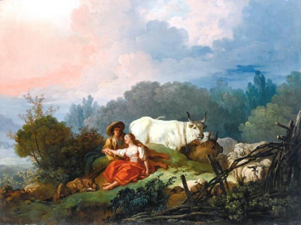 Pastoral Landscape With A Shepherd And Shepherdess At Rest by Jean Honore Fragonard