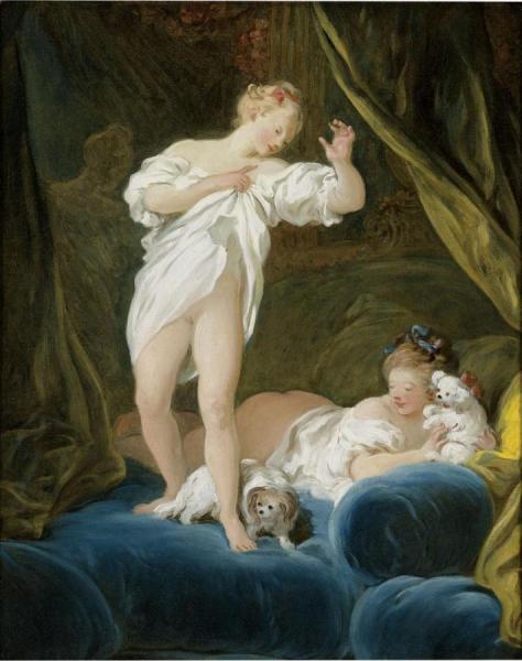 Two Girls On A Bed Playing With Their Dogs by Jean Honore Fragonard
