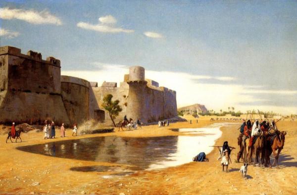 An Arab Caravan Outside A Fortified Town, Egypt by Jean-léon Gérôme