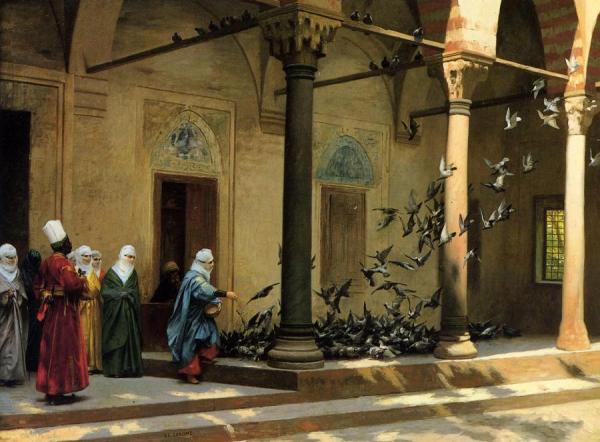 Harem Women Feeding Pigeons In A Courtyard by Jean-léon Gérôme