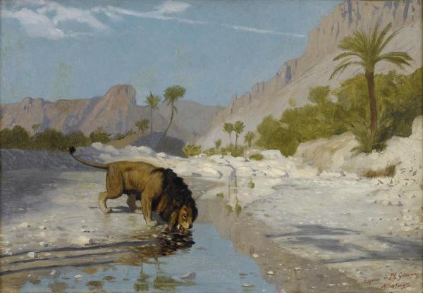 Lion Drinking From A Desert Stream by Jean-léon Gérôme