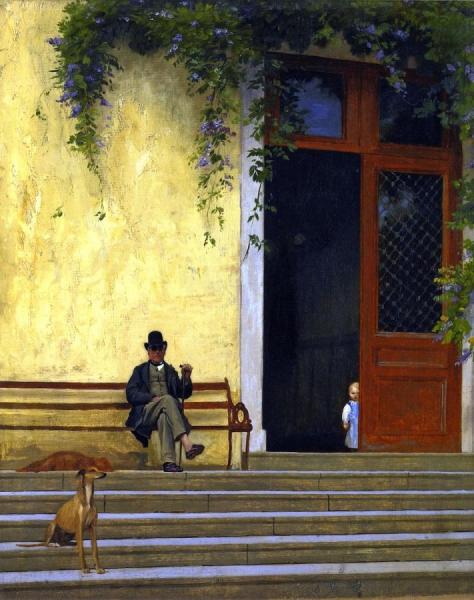 The Artist's Father And Son On The Doorstep Of His House by Jean-léon Gérôme