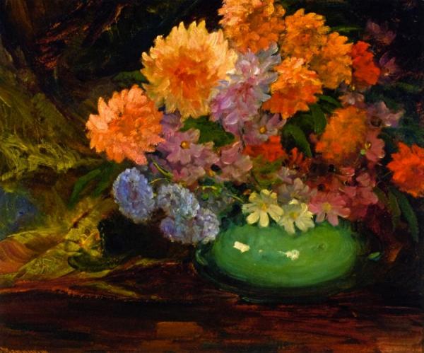 Dahlias In Green Bowl by Jean Mannheim
