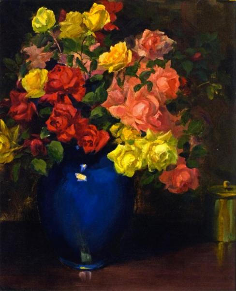 Roses In A Blue Vase by Jean Mannheim