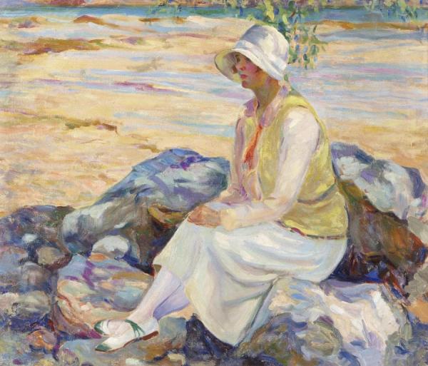 Woman Sitting Beside A Stream by Jean Mannheim