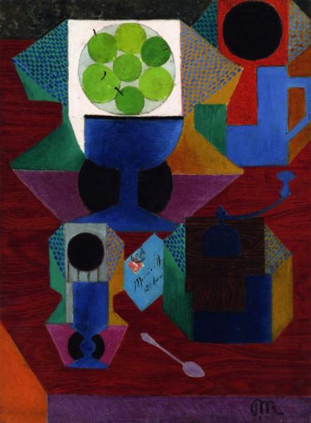 Cup Of Green Fruit And Envelope by Jean Metzinger