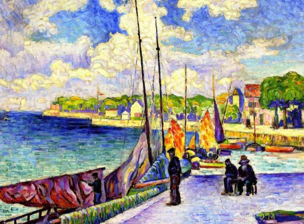 Petit Port, Fishermen And Boats At The Dock by Jean Metzinger