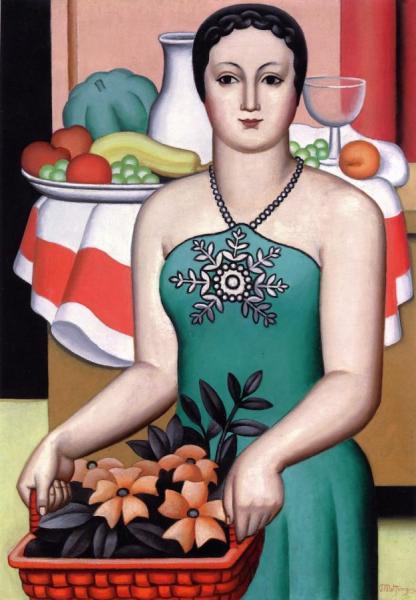 Woman In The Foreground With A Basket Of Fruit And Background Still Life by Jean Metzinger