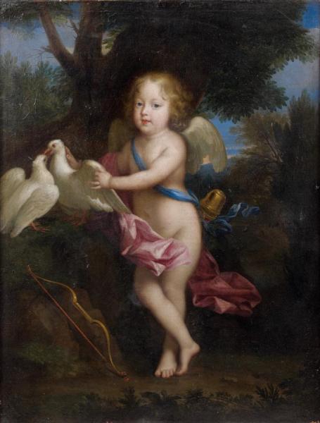 Portrait D'un Jeune Garçon En Cupidon Jouant Avec Des Colombes by Jean Nocret Oil Painting Reproductions