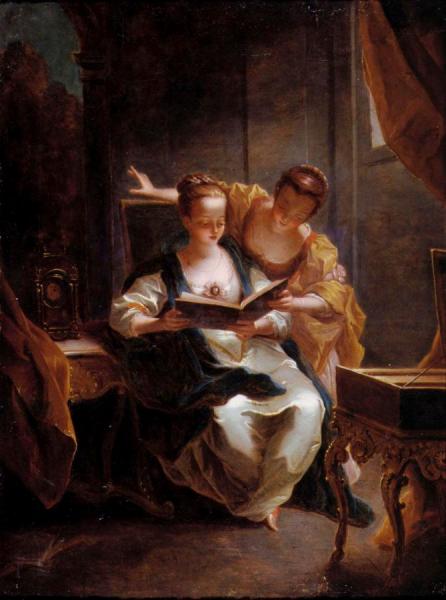 Two Young Ladies Singing In An Elegant Interior by Jean Raoux