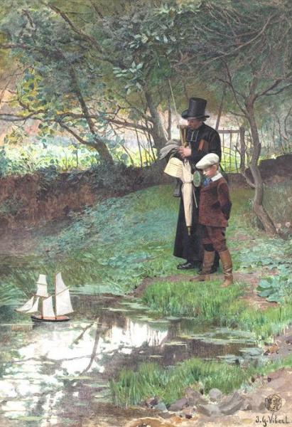 By The Pond With A Sailboat by Jehan Georges Vibert