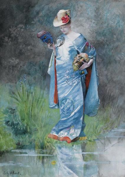 Elegant Woman Wearing A Kimono And Holding Masks by Jehan Georges Vibert Oil Painting Reproductions