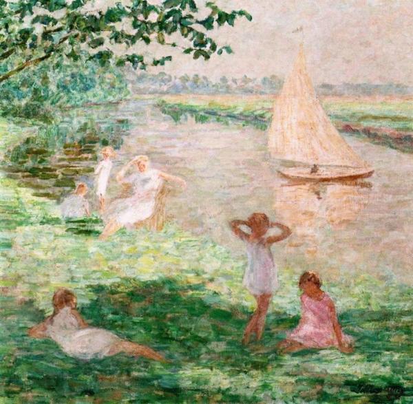 Young Girls Near The Lys River by Jenny Montigny Oil Painting Reproductions