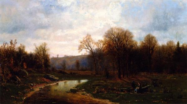 Figures Y A River In An Autumnal Landscape by Jervis Mcentee